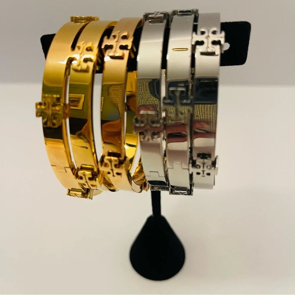 Tory Burch- Miller Logo Hinged Bangle Bracelet available in silver or gold - Picture 3 of 10
